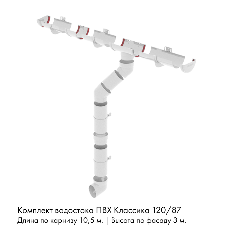 Комплект водостока 10,5 x 3 м. Grand Line ПВХ Классика 120/87 Белый RAL9003