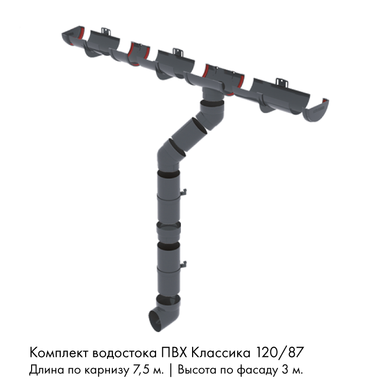 Комплект водостока 7,5 x 3 м. Grand Line ПВХ Классика 120/87 Графит RAL7024