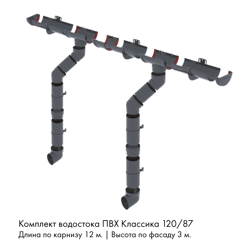 Комплект водостока 12 x 3 м. Grand Line ПВХ Классика 120/87 Графит RAL7024
