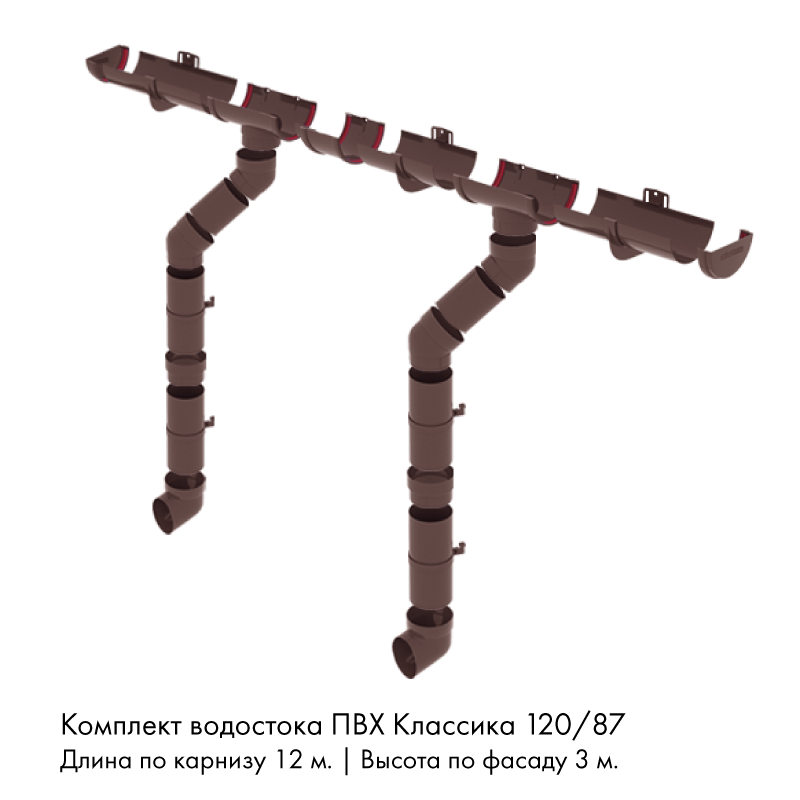 Комплект водостока 12 x 3 м. Grand Line ПВХ Классика 120/87 Шоколад RAL8017